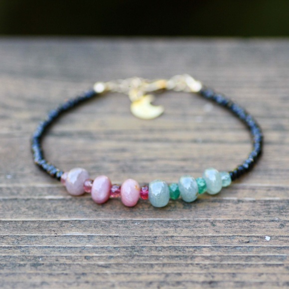 Sparkling Natural Black Spinel , Emerald and Sapphire Bracelet 14K Gold Filled - Picture 6 of 10